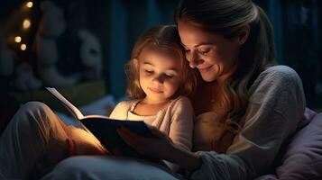 A beautiful mother reading a book to her daughter in bed before going to sleep. Generative Ai photo