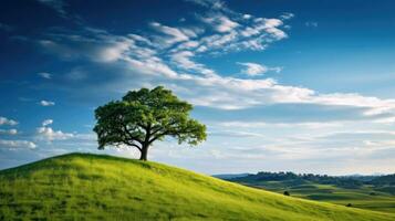 paisaje ver de uno grande árbol en el parte superior de el colina con verde césped en un ladera con azul cielo y nubes en el antecedentes. generativo ai foto