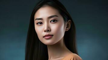 Portrait of Asian beautiful woman with smooth health skin face. Beauty and cosmetics skincare advertising concept. Generative Ai photo