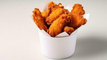 Fried chicken in paper bucket isolated on white background. Generative Ai photo