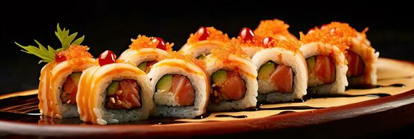 Crunchy maki o a sushi plate in restaurant. Japanese food. Generative Ai photo