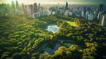 aéreo ver de Bangkok ciudad lumpini público parque con oficina edificio urbano antecedentes tailandia generativo ai foto