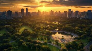 Aerial view of Bangkok city Lumpini public park with office building urban background Thailand. Generative Ai photo