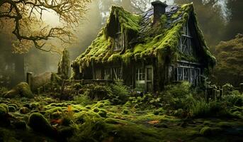 Old and abandoned house covered in moss, in the middle of the forest. AI Generative photo
