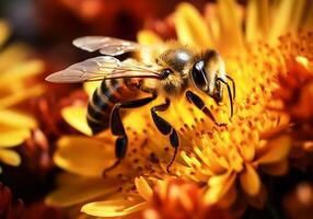 abeja coleccionar polen en un flor. ai generativo foto