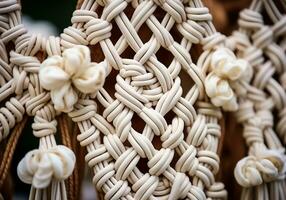Closeup of macrame, manual weaving technique using knots. Handloom. Traditional crafts. Handmade. AI Generative photo