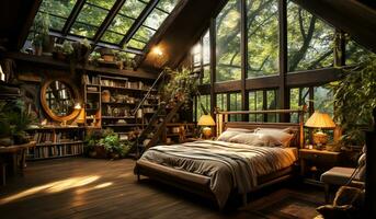 Interior of a bedroom in a rustic wooden cabin. AI Generative photo