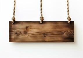 Wooden sign hanging on rope on white background. Free space for text. AI Generative photo