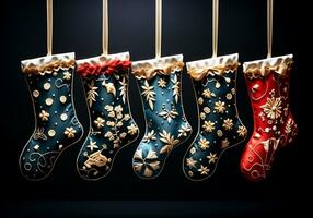 Cute socks for placing Christmas gifts, isolated on dark background. AI Generative photo