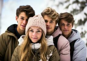 grupo de joven personas en invierno paisaje. frío tiempo. ai generativo foto