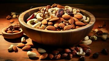 Mixed nuts in a bowl. Almonds, walnuts, cashews, peanuts and others. AI Generative photo