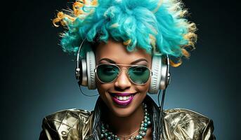 Eccentric woman with big afro hair and headphones. Lifestyle concept. AI Generative photo