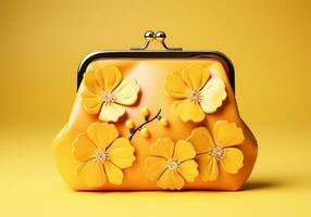 Flowery women's yellow coin purse. AI Generative photo