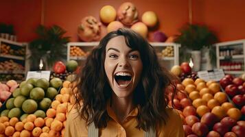 un emocionado mujer oscuro peludo comprador dentro Tienda frente ver frutas y vegetales en pastel naranja antecedentes. generativo ai foto