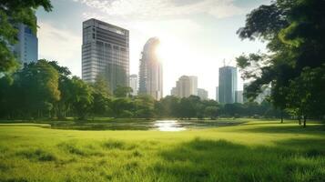 Bangkok beautiful view from Lumpini Park. Green grass field in park at city center with office building urban background Thailand. Generative Ai photo