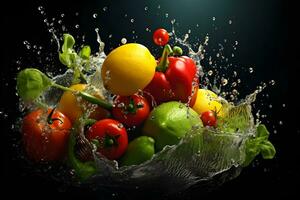 Wholesome Mix of Fresh Fruit Vegetables Ingredients with Water Splash, ai generated photo