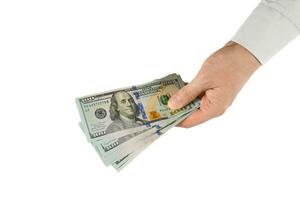 USD cash in hand isolated on whtie background. Allocation of money, economy concept photo