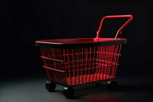 Red shopping cart on black background. Black Friday and Cyber Monday concept. AI generated. photo