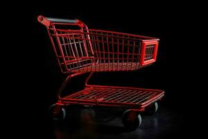 Red shopping cart on black background. Black Friday and Cyber Monday concept. AI generated. photo