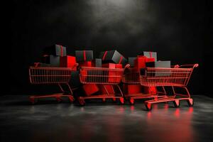 Red shopping cart on black background. Black Friday and Cyber Monday concept. AI generated. photo