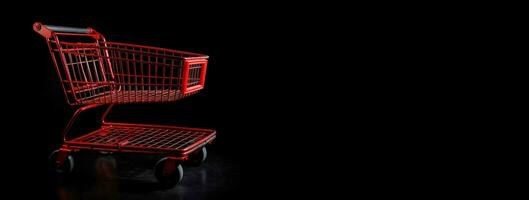 Red shopping cart on black background. Black Friday and Cyber Monday concept. AI generated. photo