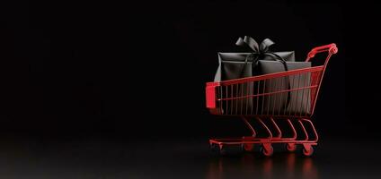 Red shopping cart on black background. Black Friday and Cyber Monday concept. AI generated. photo