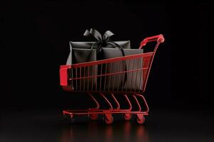Red shopping cart on black background. Black Friday and Cyber Monday concept. AI generated. photo