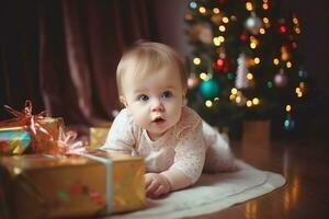 Cute baby in a red Santa hat with gift box on Christmas tree background. AI generated photo