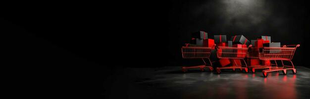 Red shopping cart on black background. Black Friday and Cyber Monday concept. AI generated. photo