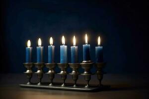 Religion image of jewish holiday Hanukkah with burning candles. AI generated photo