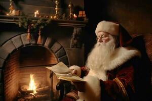 Papa Noel claus sentado cerca hogar y leyendo Navidad letras o con lista. ai generado. foto