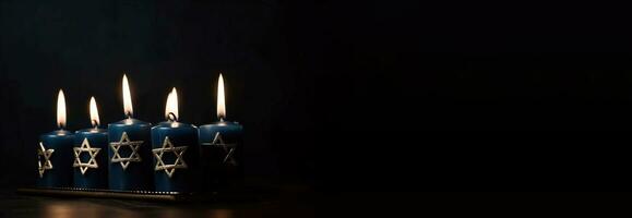 Religion image of jewish holiday Hanukkah with burning candles. AI generated photo