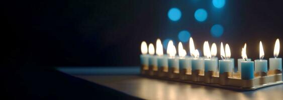 Religion image of jewish holiday Hanukkah with burning candles. AI generated photo