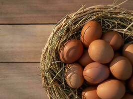 Egg basket on wooden floor photo