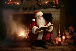 Papa Noel claus sentado cerca hogar y leyendo Navidad letras o con lista. ai generado. foto