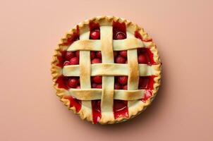 Grandma is cherry pie top view. Generative AI photo