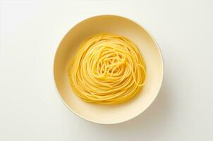 Spaghetti in a white plate top view. Generative AI photo
