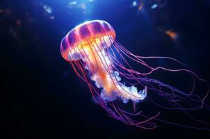 Jellyfish glows with neon light and swims underwater. Generative AI photo