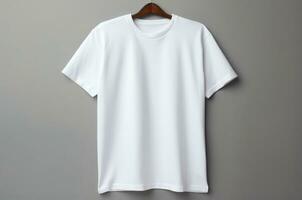 White t shirt mockup on hanger top view photo