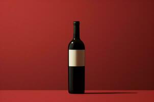 Wine bottle mockup on red background. Generative AI photo