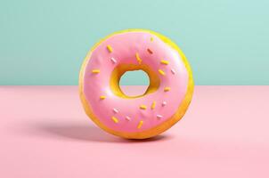 Side view of pink donut with glaze. Barbicore. Generative AI photo