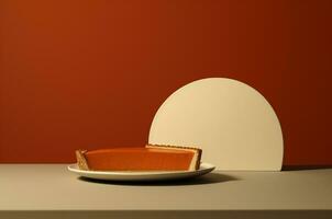 A slice of pumpkin cheesecake. carrot cheesecake. Tart, pie. With a circle in the background. Generative AI photo