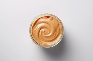 Peanut butter in a jar top view. Generative AI photo