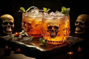 Alcoholic cocktail for a Halloween party. Skull in a glass. Horror cocktail photo