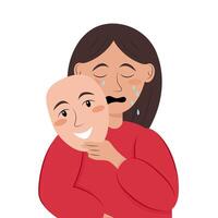 Crying girl with depression hides behind a mask which depicts a smile, mental health. vector