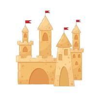 Sand castle with towers and red flags. Vacation on the beach. Summer composition. vector