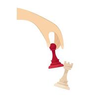 Game of chess. Vector illustration of a hand that holds a pawn in flat style on a white background. The pawn captures the rook. Chess in hand