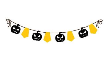 Vector illustration of a festive garland for Halloween. Garland with a scary pumpkin and flags on a white background. Halloween decor.