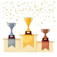 Cups for prizes on a pedestal with falling confetti. Cups on a stand. Award ceremony. Sports awards in competitions. A set of gold, silver and bronze trophies. vector