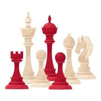 Composition of different chess pieces in flat style on a white background. Vector illustration of chess pieces in red and beige colors. Chess.